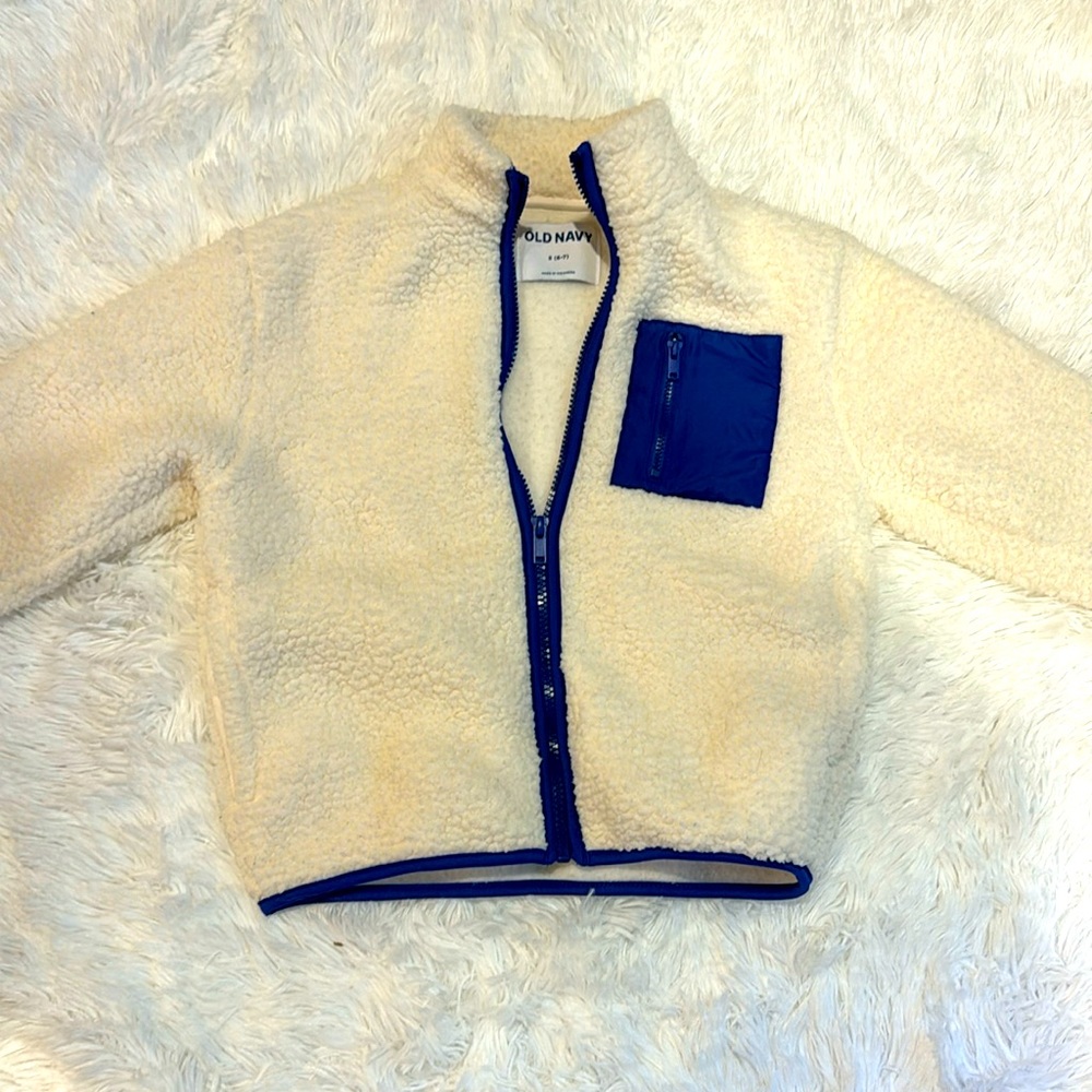 Old Navy Sherpa Fleece Jacket Zip Up Cream Navy Blue Kid's Size S (6-7)